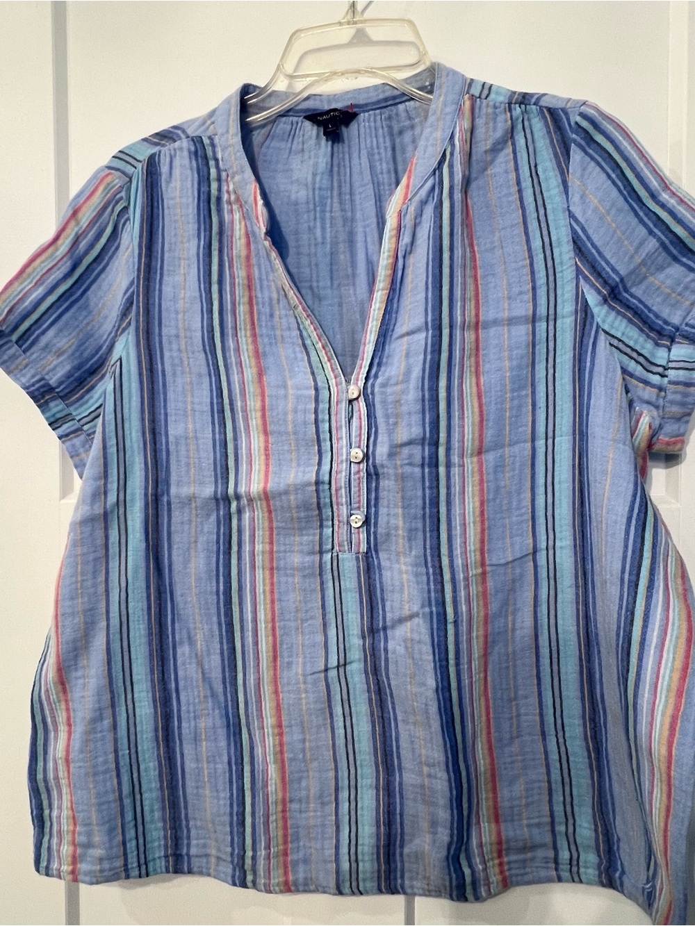 Nautica, Light Blue Multi-Stripe Short Sleeve Pullover Blouse, Gauze/cotton